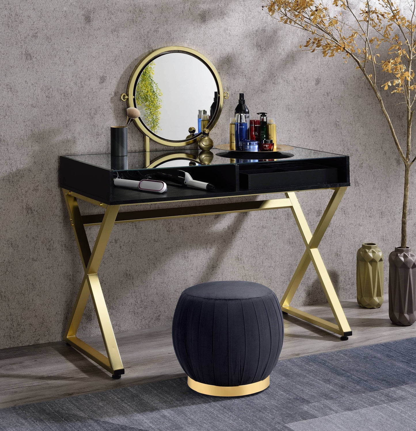 Coleen Black & Gold Finish Vanity Desk W/Mirror & Jewelry Tray