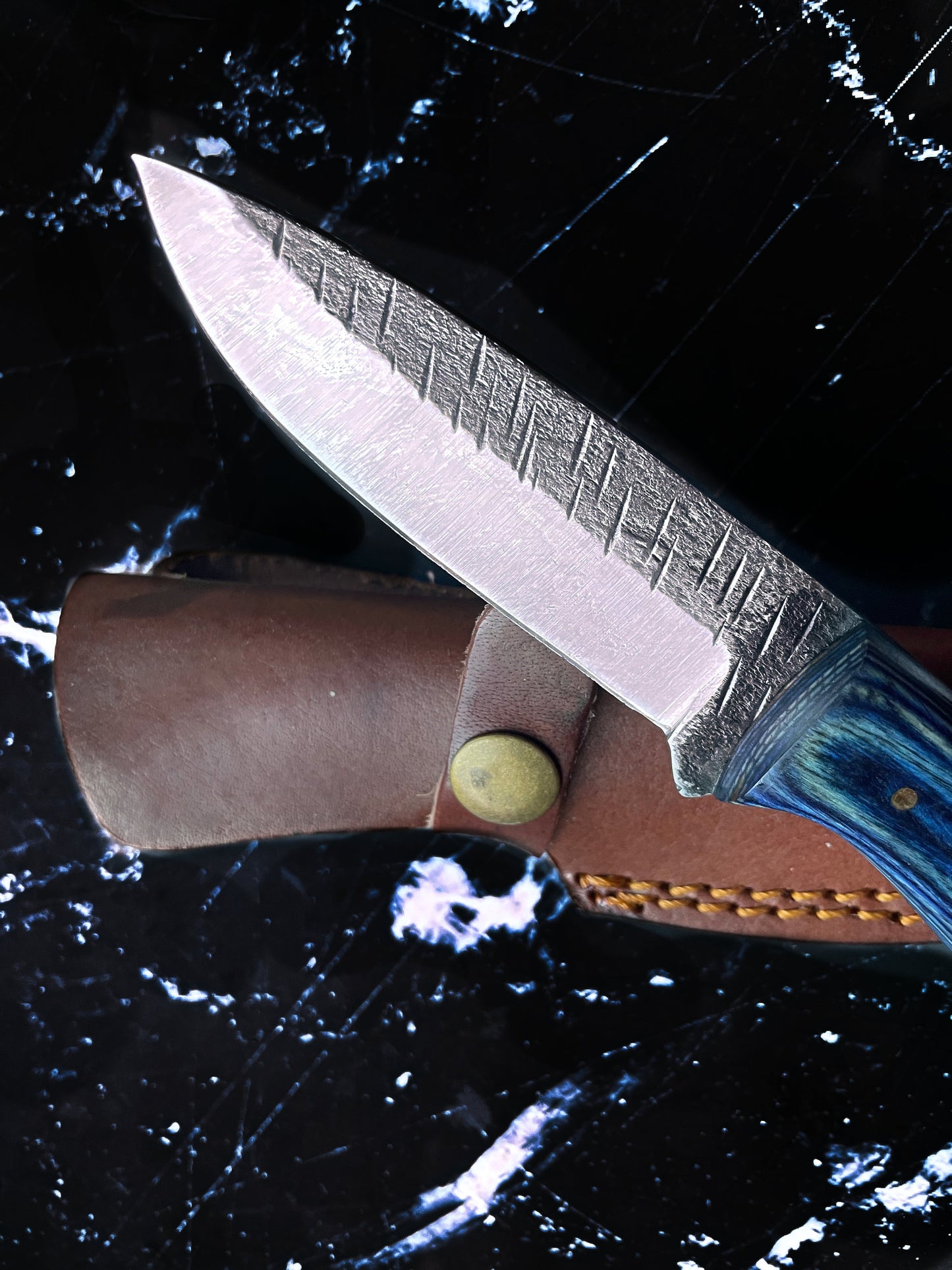 Titan Azura Custom Knife/ Hunting Knife/ Carbon Steel Skinning Knife/ Camping/ Utility Knife With Blue Diamond Wood Handle TC-012