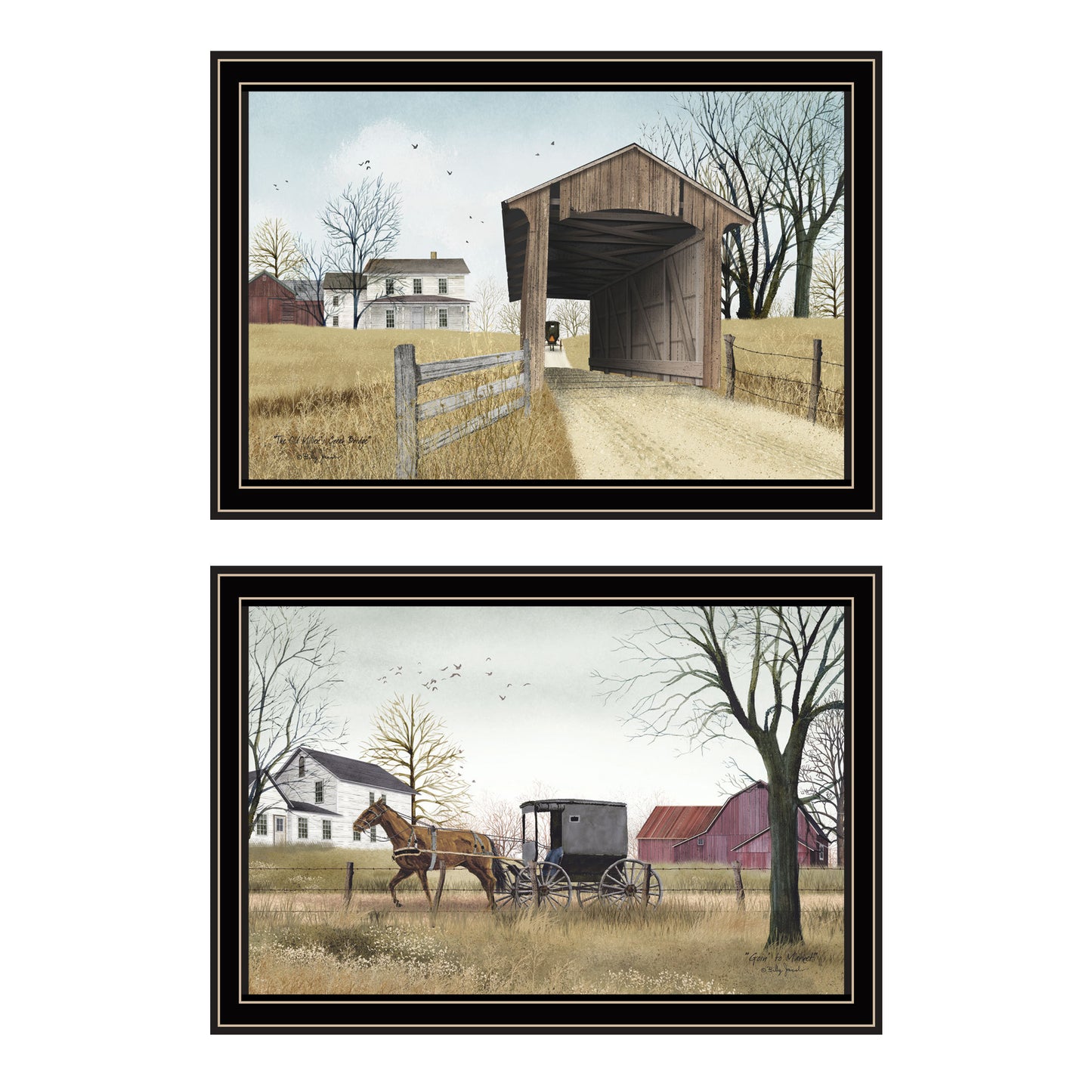 Trendy Decor 4U 2- Piece Vignette Miller's Creek Bridge, Going to Market Black Framed Wall Art for Living Room, Bedroom Wall Art Print for Home Decor by Billy Jacobs