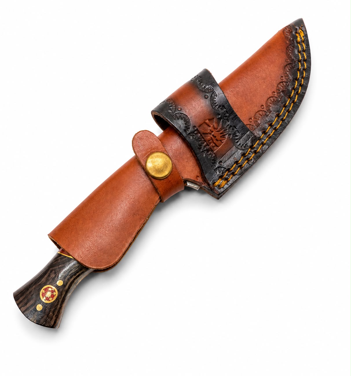 Hand-Forged Damascus Steel Drop Point Hunting Knife – Wenge, Camel Bone & Rosewood Handle With Hand-Tooled Leather Sheath TKT-10