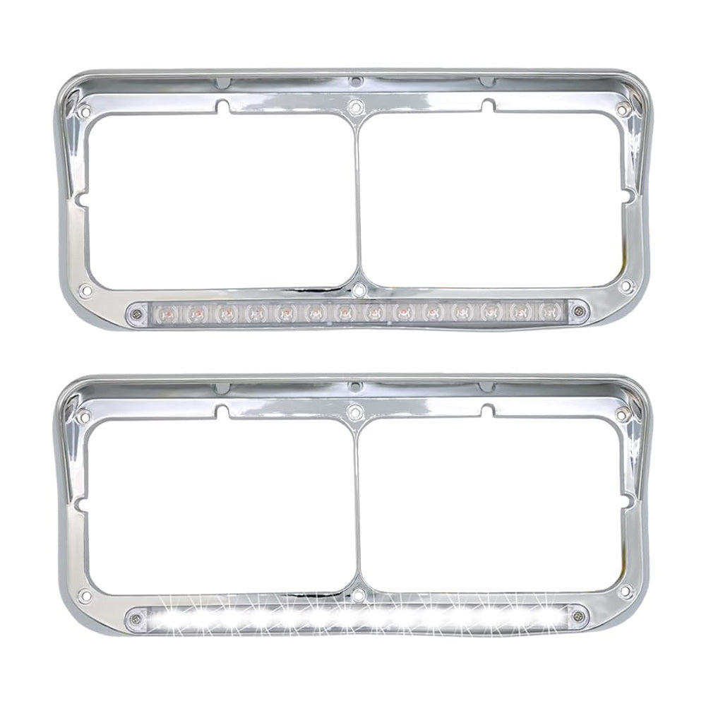 Chrome Rectangular Dual Headlight Bezels With Clear Lens + White LED 2Pcs