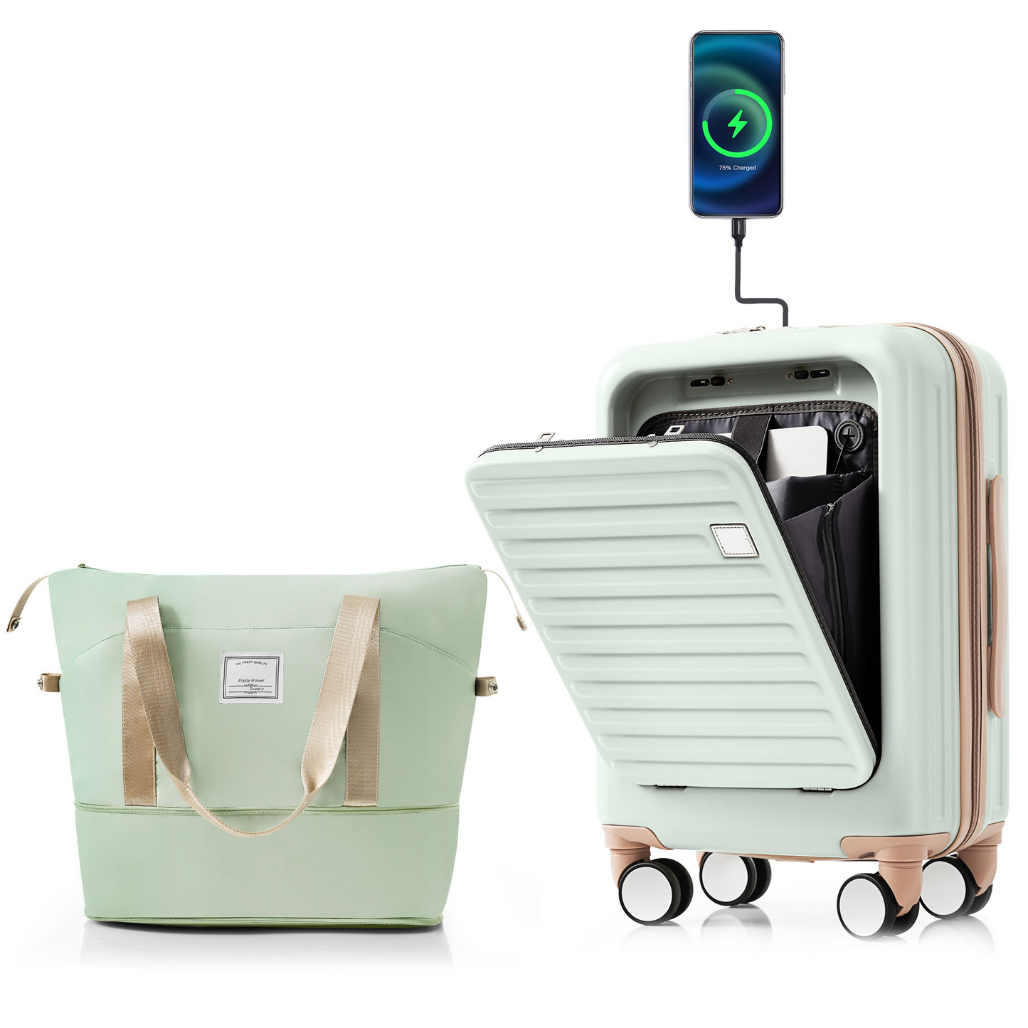 Front Opening 20-Inch Carry-On Luggage with Expandable Travel Bag Set, ABS Hard Shell Two-piece suitcase set with USB Port , Cup Holder, grey green