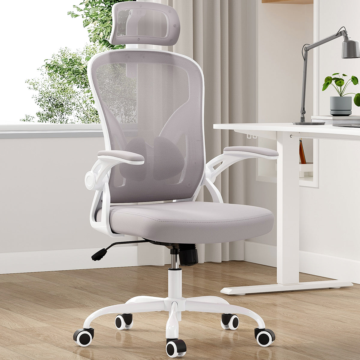 Ergonomic Office Chair, Home Office Desk Chair with Headrest, High Back Computer Chair with Armrests and Adjustable Lumbar Support for Home Office Study Room,White & Gray