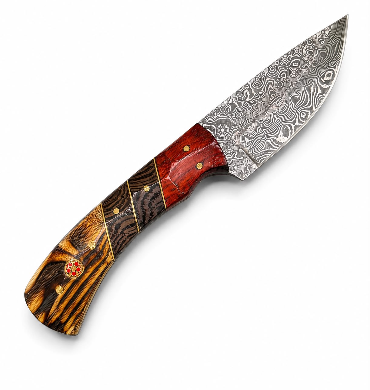 Hand-Forged Damascus Steel Drop Point Skinning Knife – Tiger Bamboo, Wenge & Rosewood Handle With Hand-Tooled Leather Sheath TKT-6