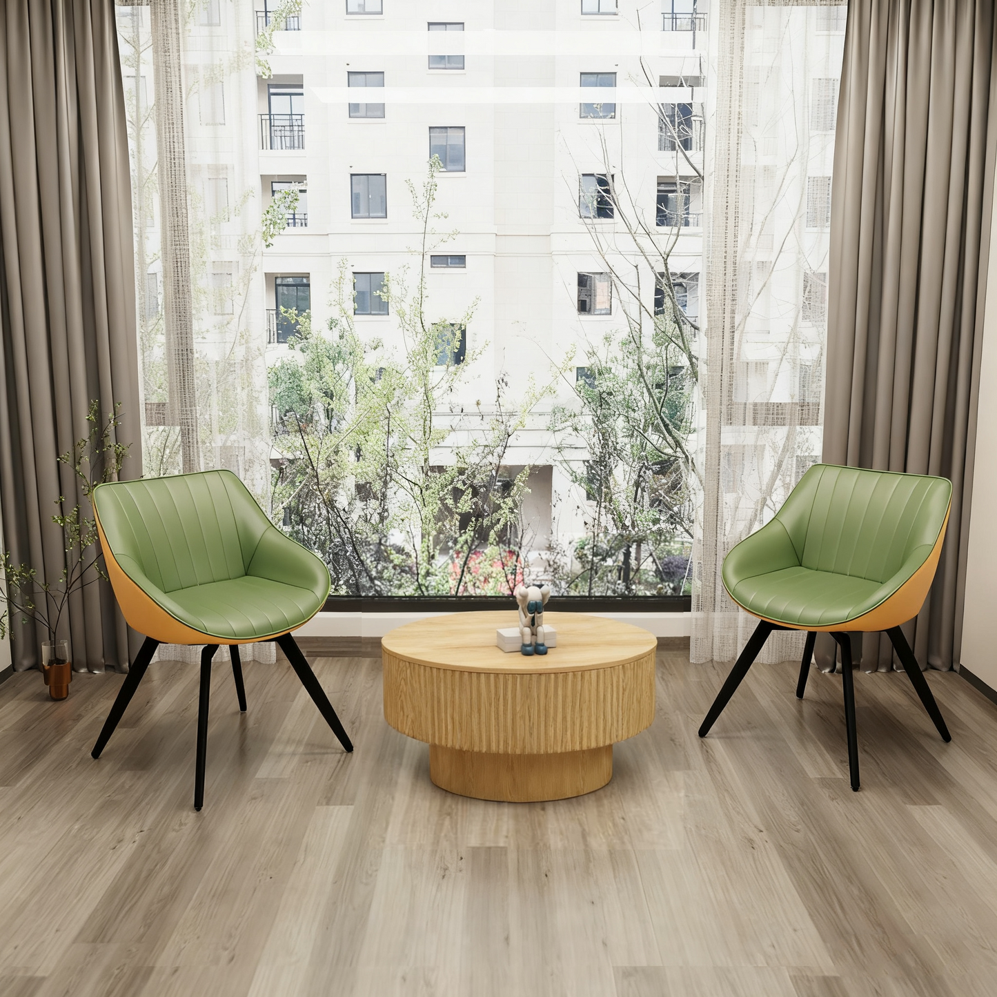 29.53 'MDF modern round coffee table and 2 PU dining chairs set, ring-striped design & storage space dining table and black metal leg dining chairs, suitable for kitchen and home