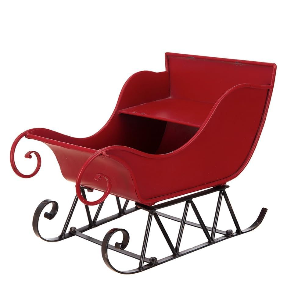 14.5x10x11'H Iron Red/Black Sleigh Small, Distressed Christmas Santa Sleigh Holiday Tabletop/Hanging Decoration