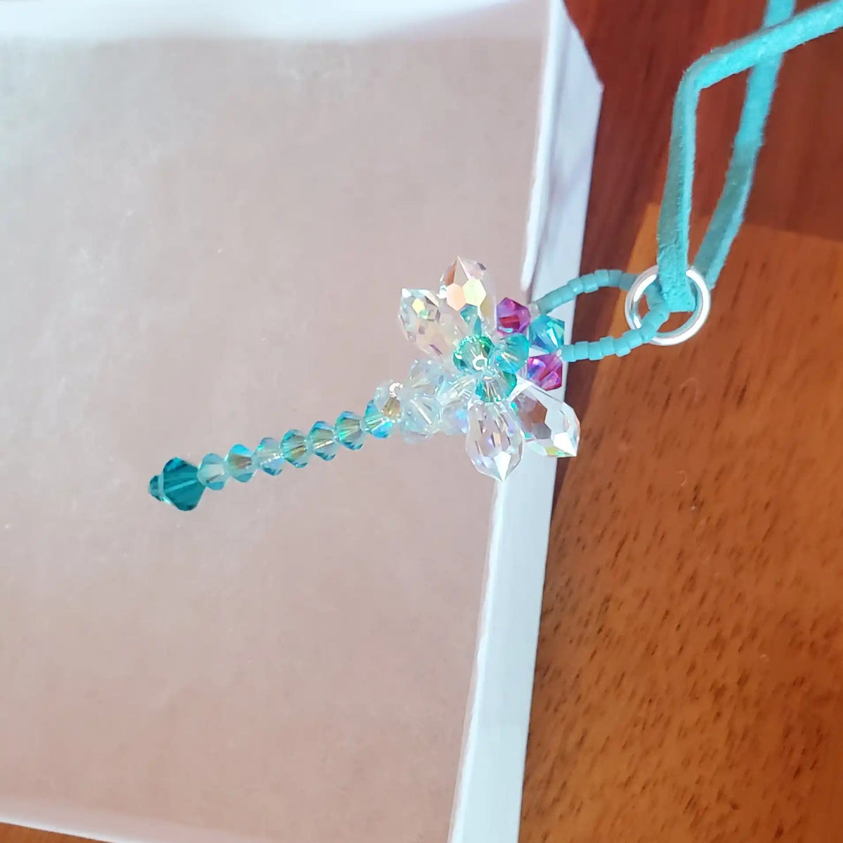 Beaded 3-D Rearview Mirror Colored Crystal Dragonfly Charms