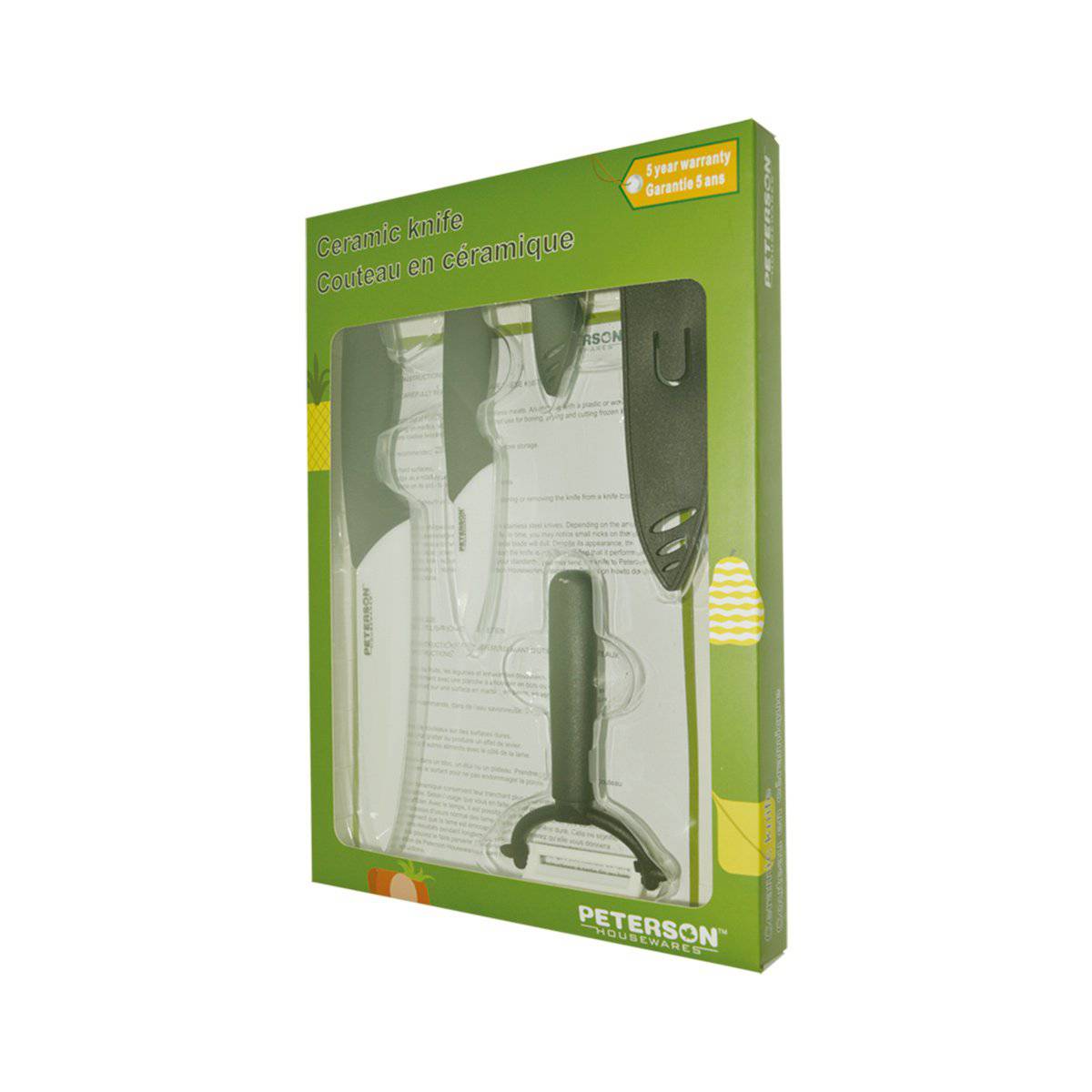 CERAMIC KNIFE SET, 5 PIECES (3", 6", Peeler + 2 Sheaths. ColorBox W/PVC Tray