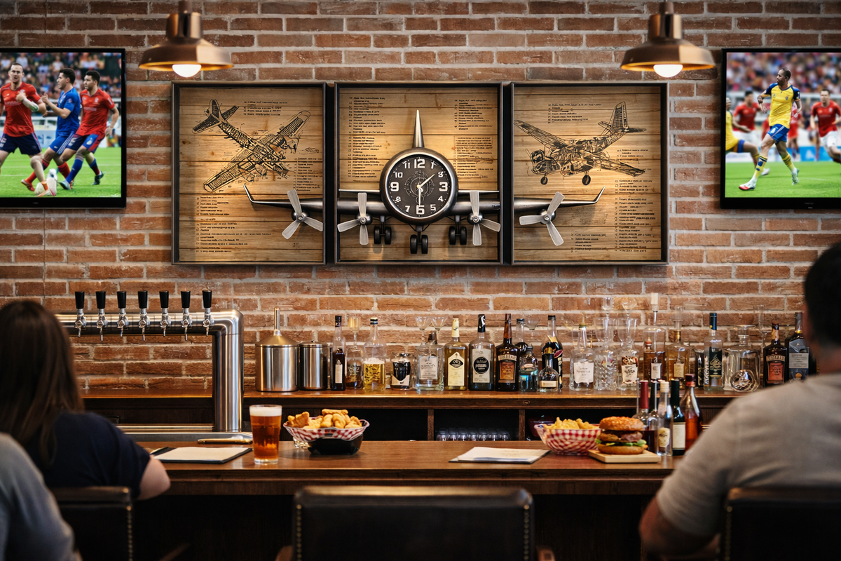Metallic Vintage Airplane Wall Art With Clock, Set of 3