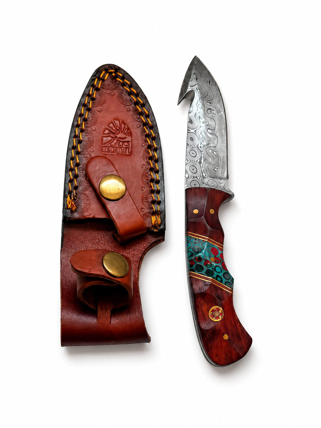 Titan Crimson Mosaic Damascus Outdoor Knife With Custom Leather Sheath TKT-1
