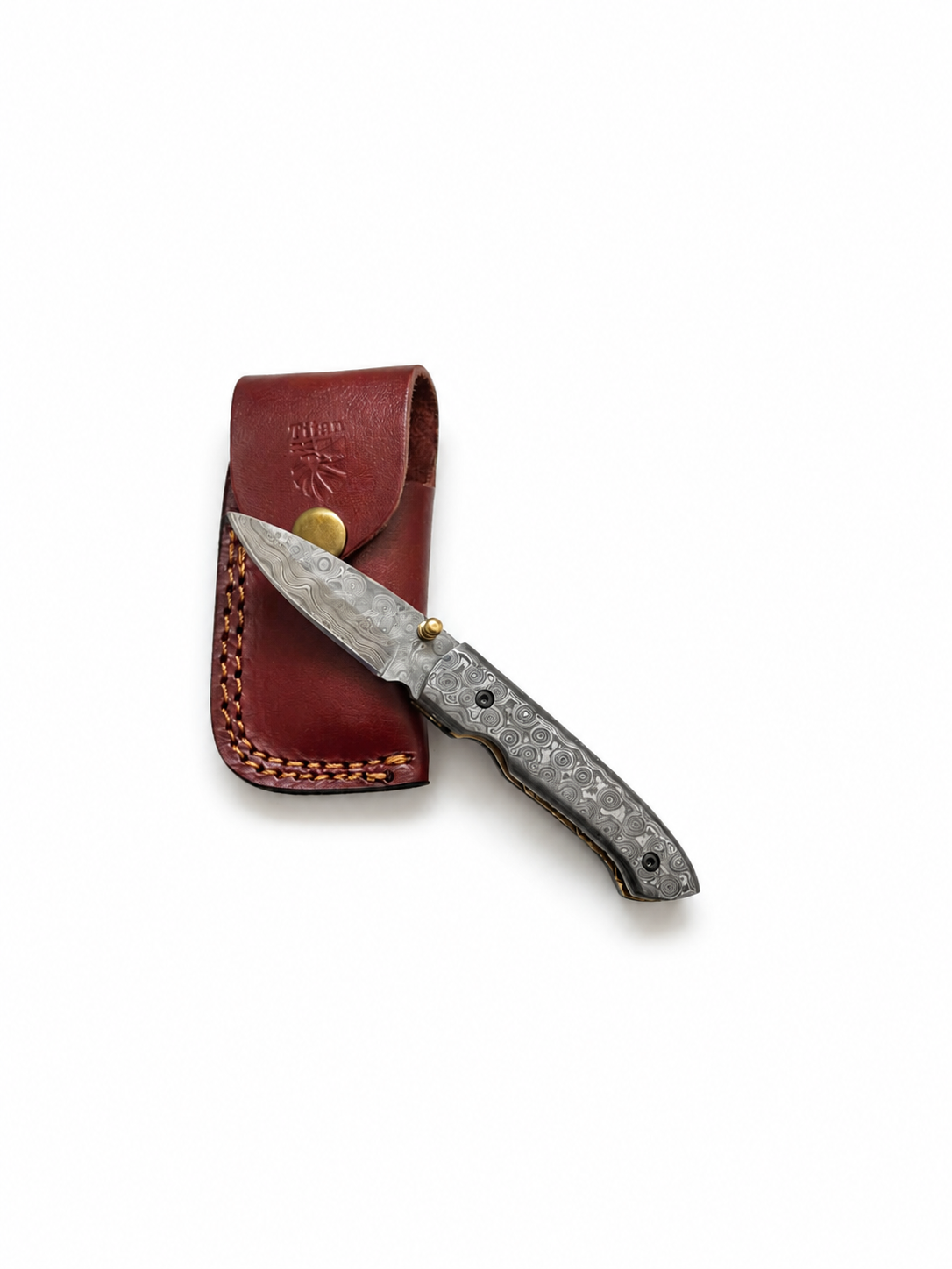 Titan Damascus Folding Knife With Full Damascus Handle & Leather Sheath TFT-107