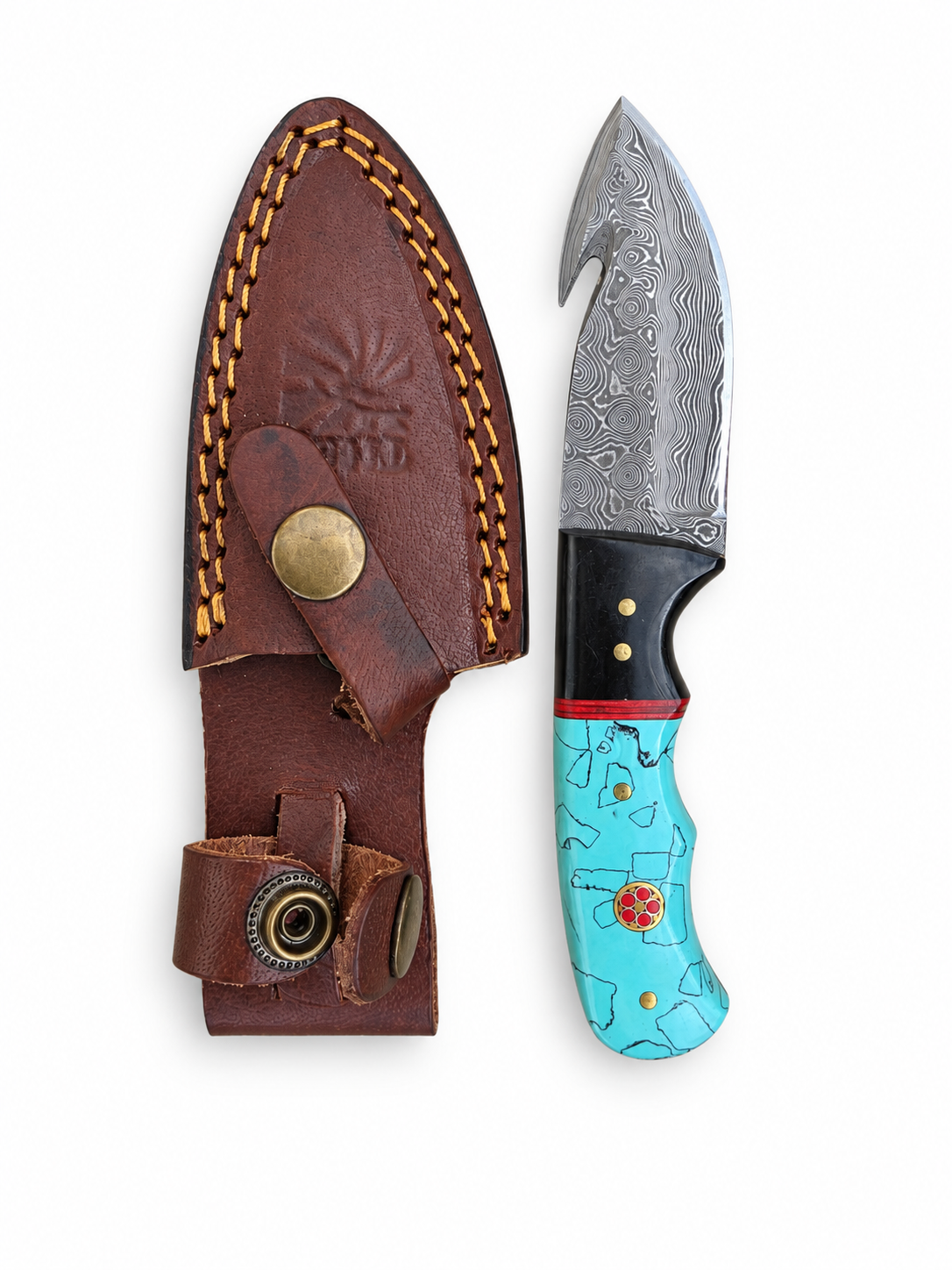 Turquoise Crest Damascus Outdoor Knife With Leather Sheath TK-484