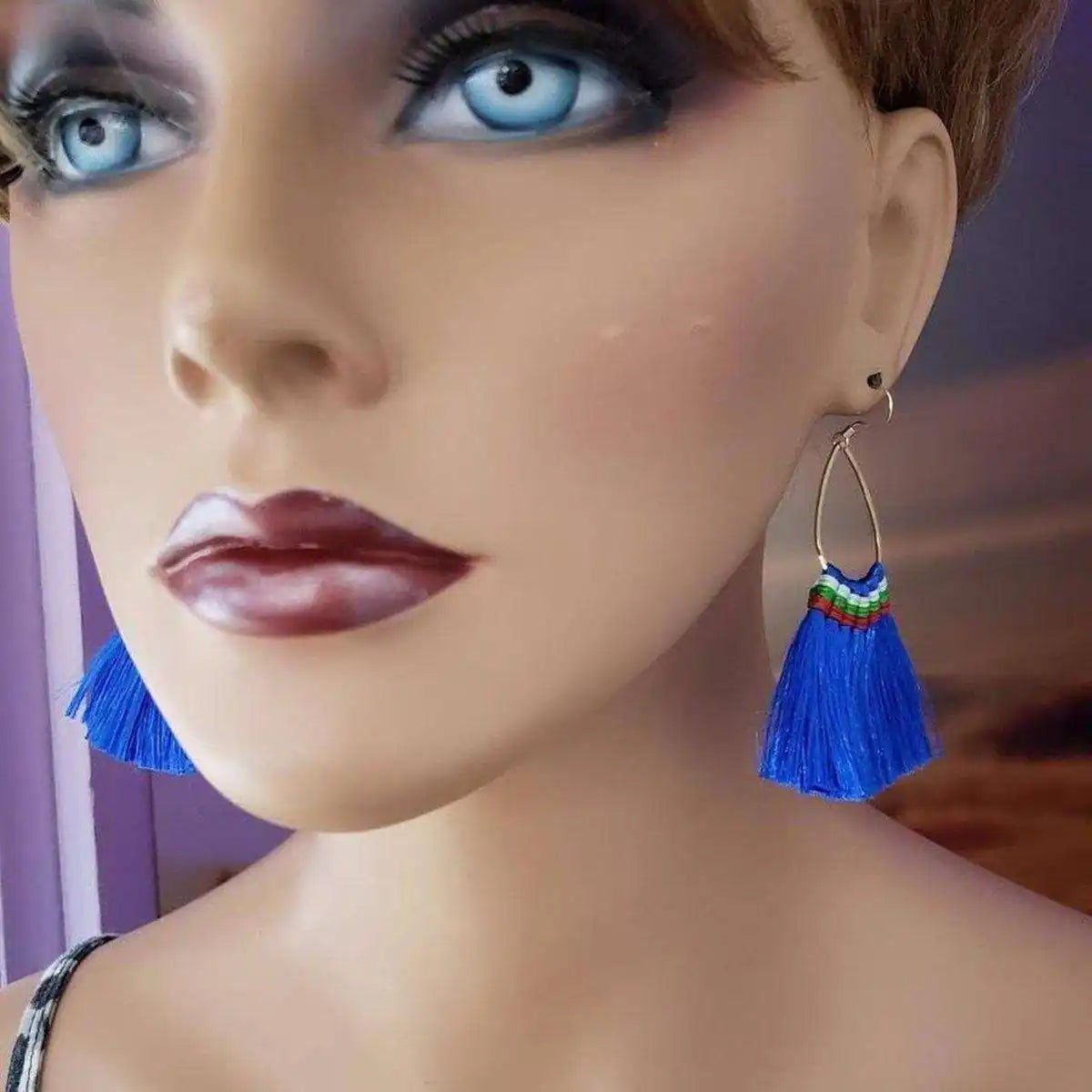 Handmade Hawaii Hula Skirt Rayon Silk Tassel Hoop Earrings
