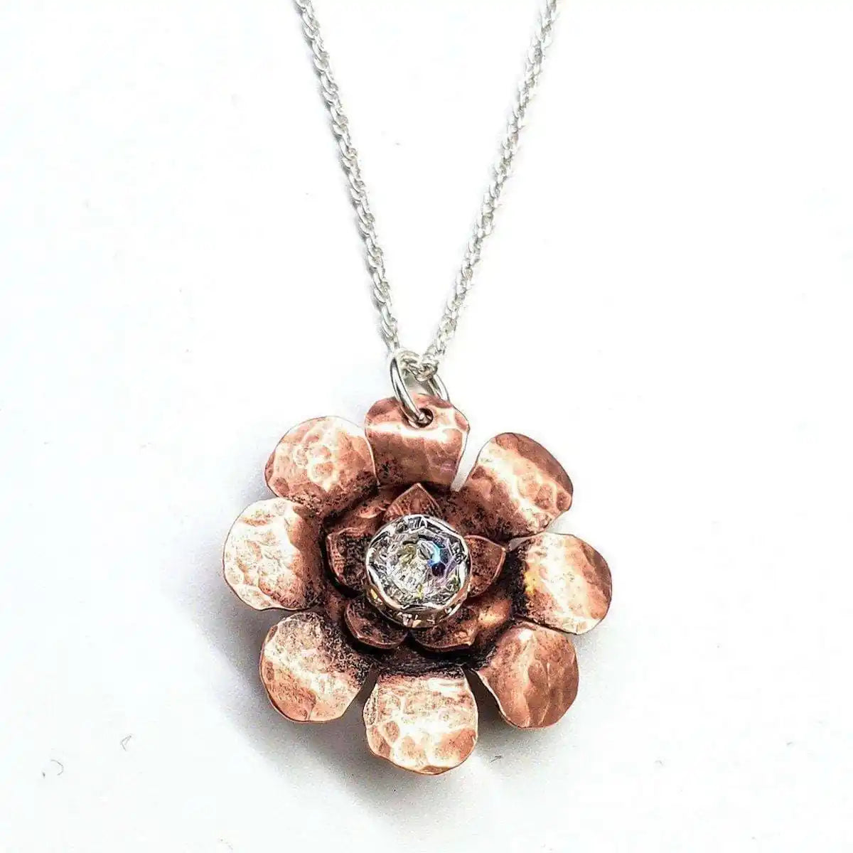 Copper Crystal Flower Blossom Fidget Spinner Necklace