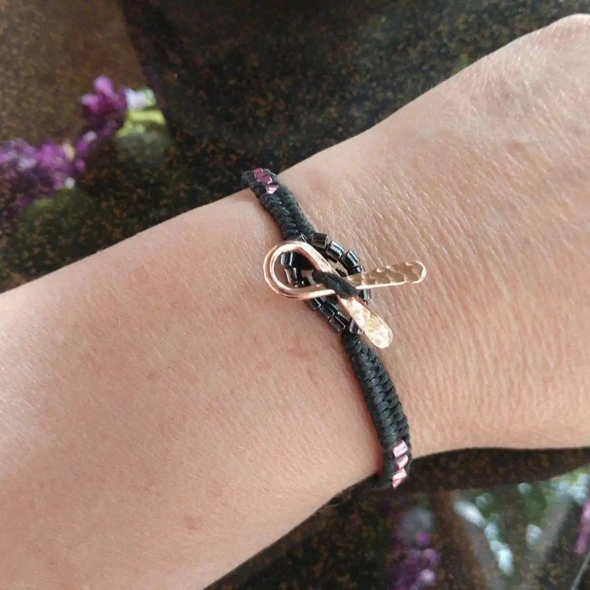 Copper Ribbon Black Pink Braided Breast Cancer Bracelet
