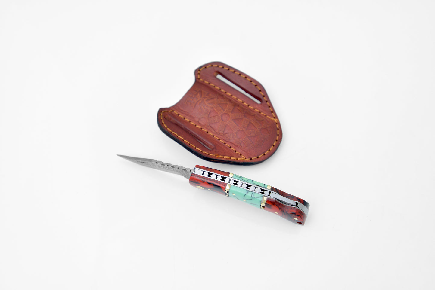 Damascus Steel Pocket Knife Limited Run Red & Blue Resin TF-050