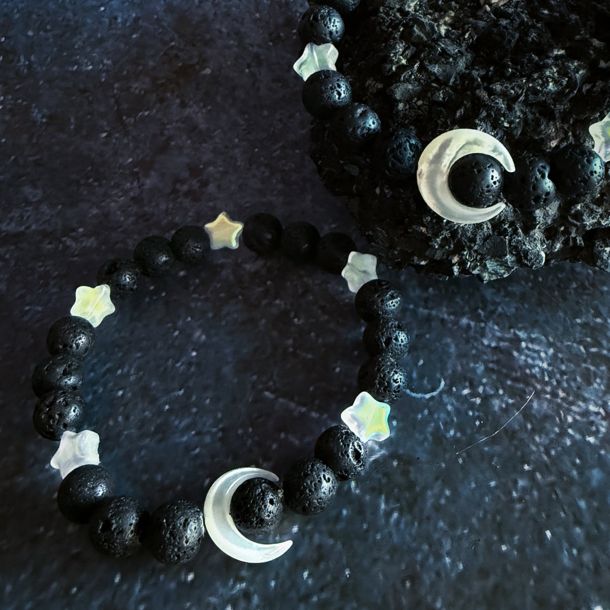 Crescent Moon Lava Bead Bracelet
