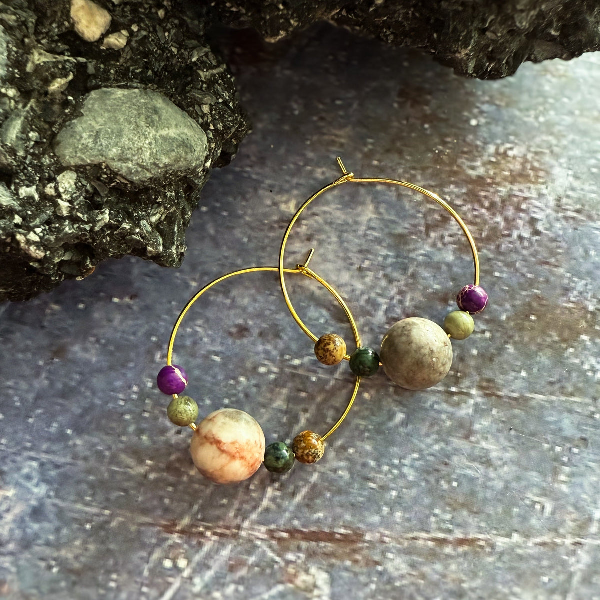 CLEARANCE Jupiter and Galilean Moons Jasper Bead Hoop Earrings