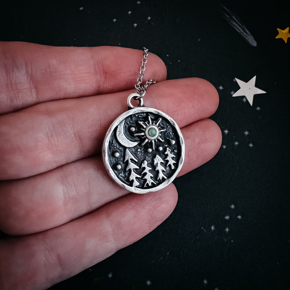 Starry Forest Night Pendant Necklace With Opal