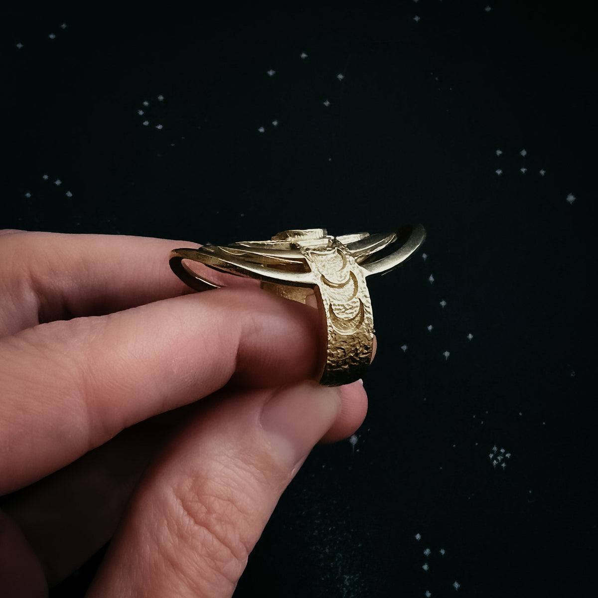 CLEARANCE Gold Cosmic Ripple Ring With Rainbow Moonstone and Phases of the Moon