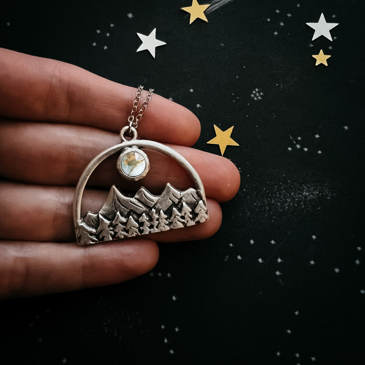 CLEARANCE Semicircle Mountain Landscape Necklace With Copper Calcite Moon