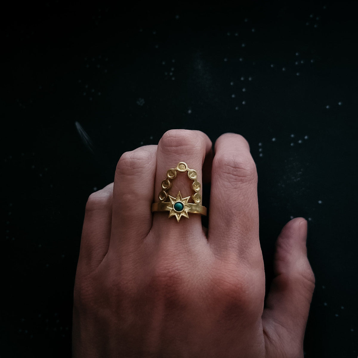 CLEARANCE Cosmic Dance Ring With Turquoise, Moon Phases, and Sun