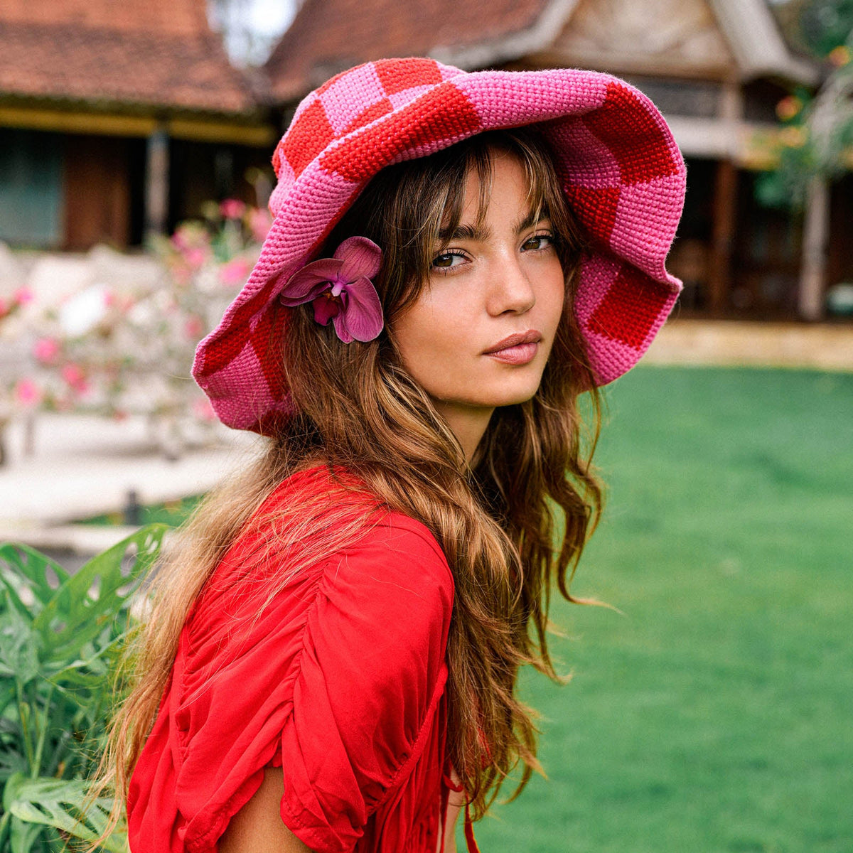 The Shilo Checkered Crochet Hat in Red & Pink