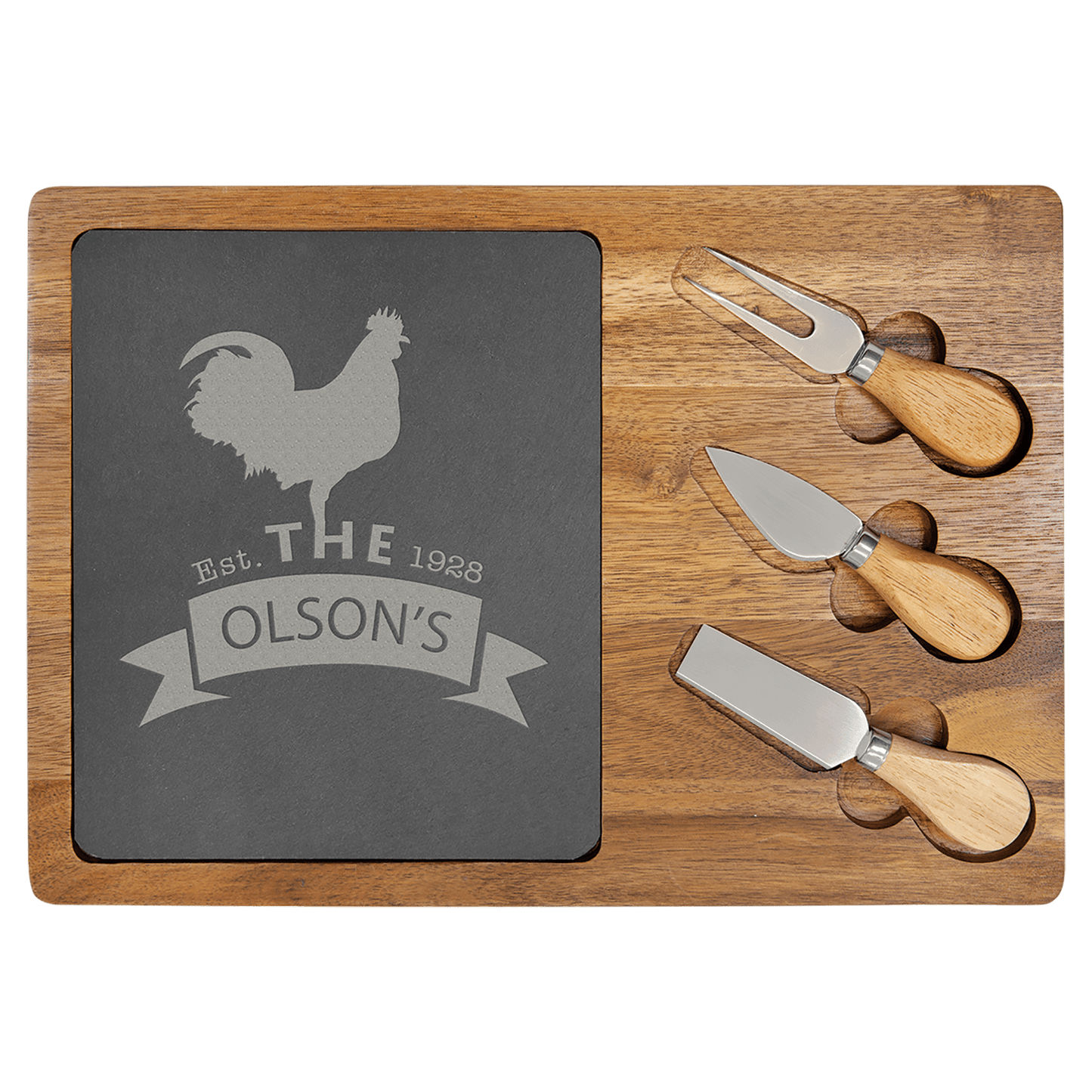 13 3/4" X 9 3/4" Acacia Wood/Slate Rectangle Cheese Set With Three Tools