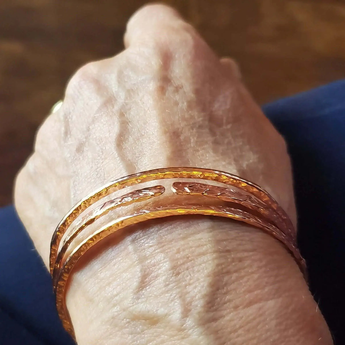 Stackable Copper Hammered Open Double Canted Angle Bangles
