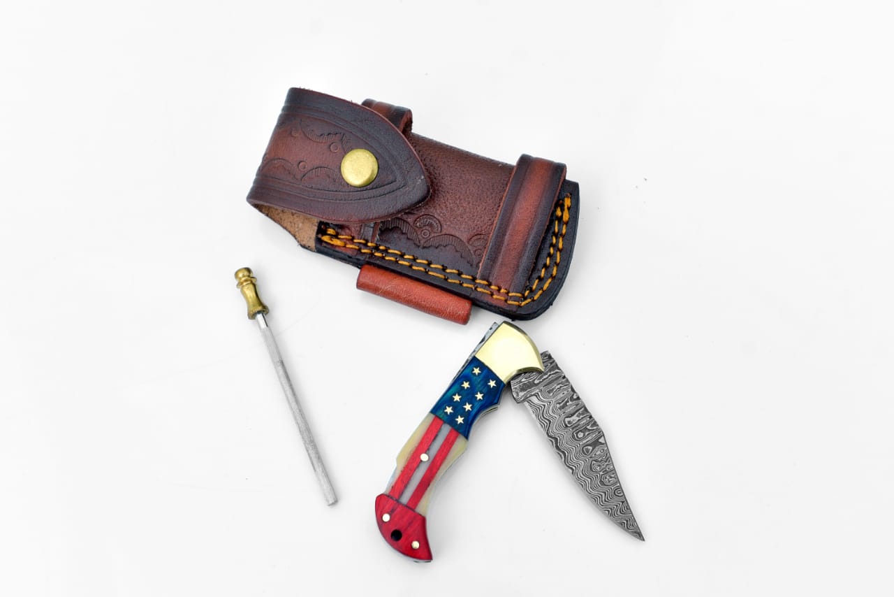 Damascus Steel Pocket Knife Limited Run Titan Patriot TF-055