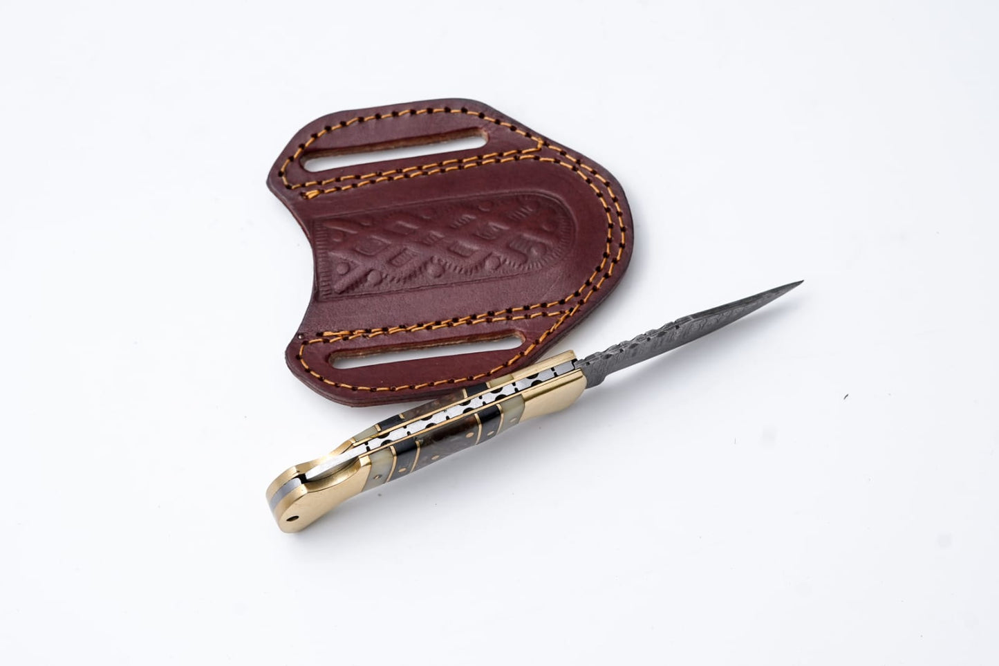 Brass & Bone Damascus Folding Knife With Leather Sheath - TF-099