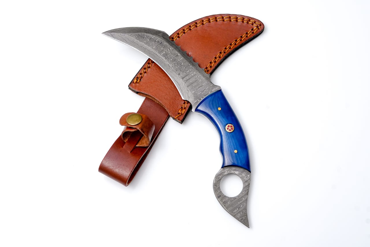 Damascus Ring Skinner With Dyed Camel Bone Scales - Serrated Curved Blade TD-179