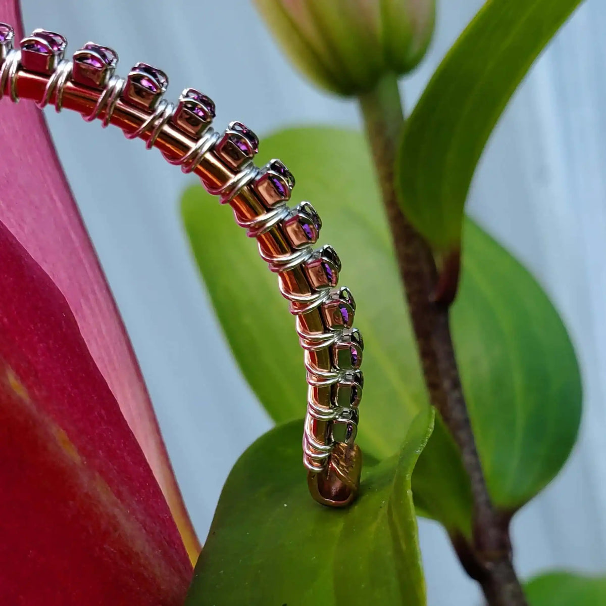 Wire Wrapped Amethyst Crystal Tennis Bracelet Bangle