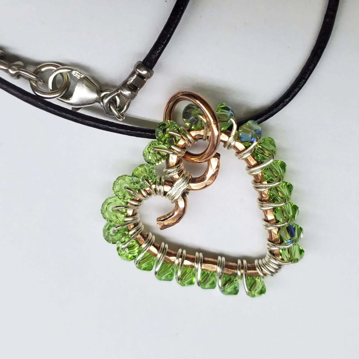 Wire Wrapped Copper Hammered Open Heart Crystal Necklace