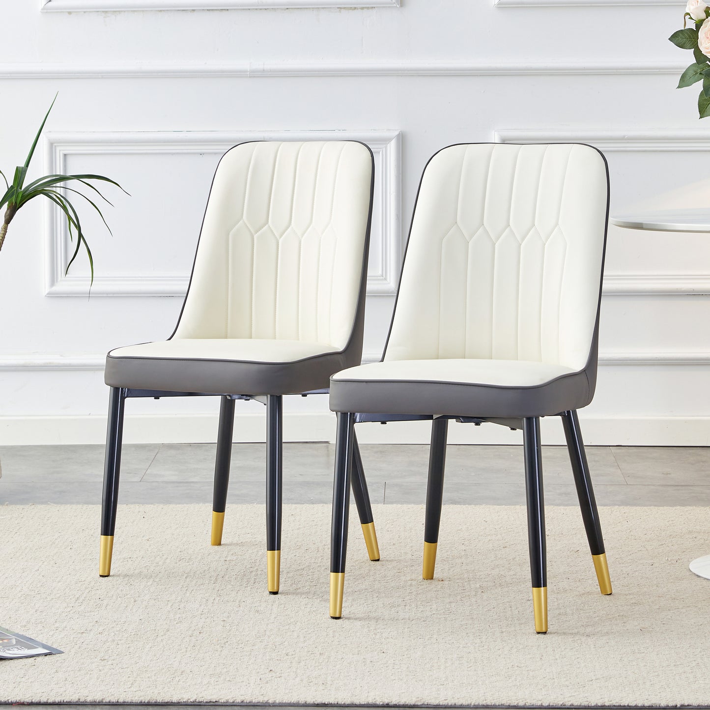 A modern dining chair with a white dark gray dual tone PU leather backrest and black metal legs, suitable for kitchens, bedrooms, and offices. A set of 2 pieces (white+dark gray+PU)C-007 W1151P147207