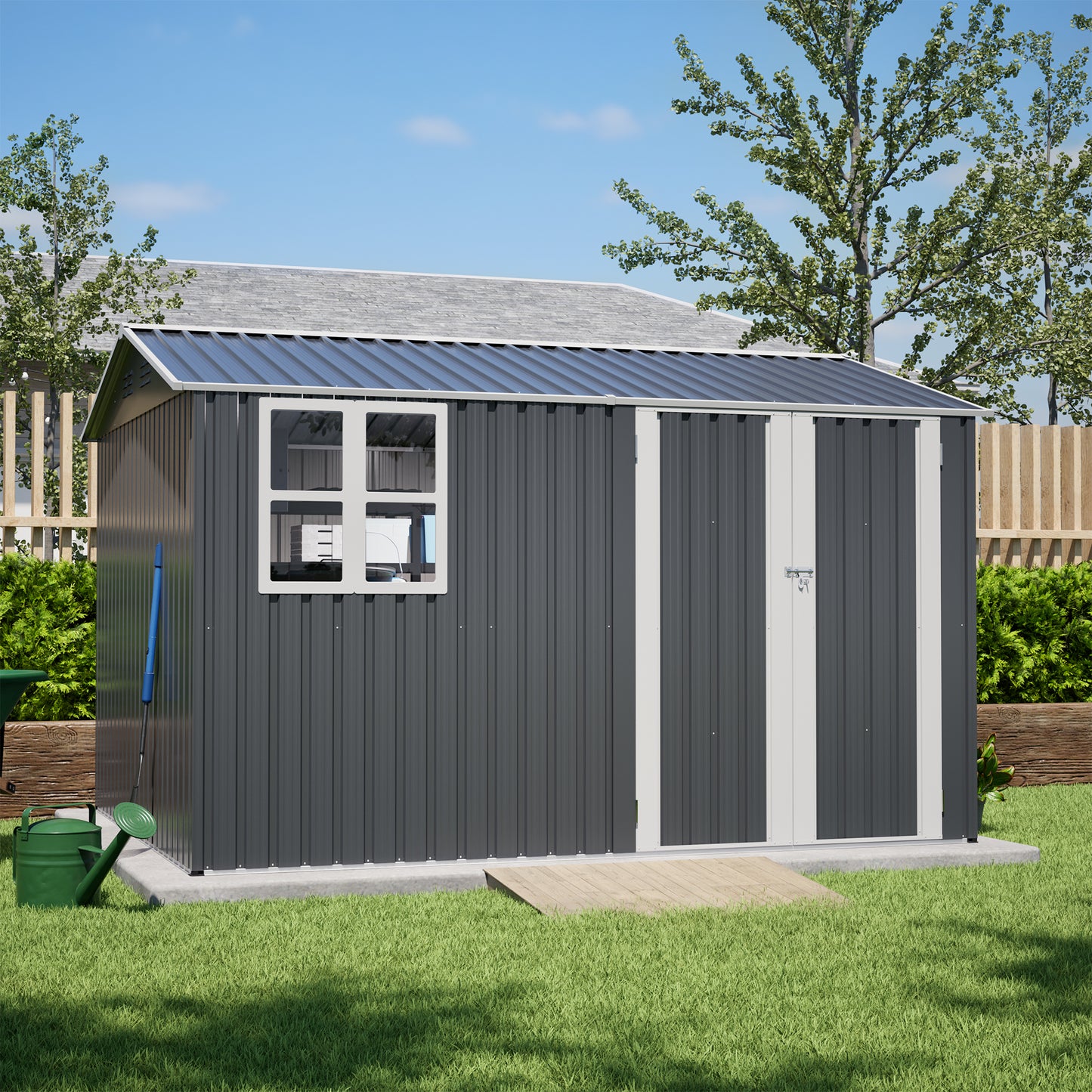 10X8FT Outdoor Steel Storage Shed with Clear Window, Lockable Doors, Weather-Resistant Metal Tool Shed for Garden, Backyard, Patio, and Utility Storage,Gray