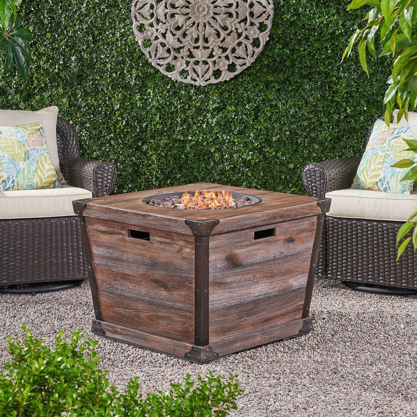 Outdoor Patio 24'' H x 32'' W Square Gas Burning Concrete Fire Pit Wood Pattern - Brown - 40,000 BTU (Tank Inside)