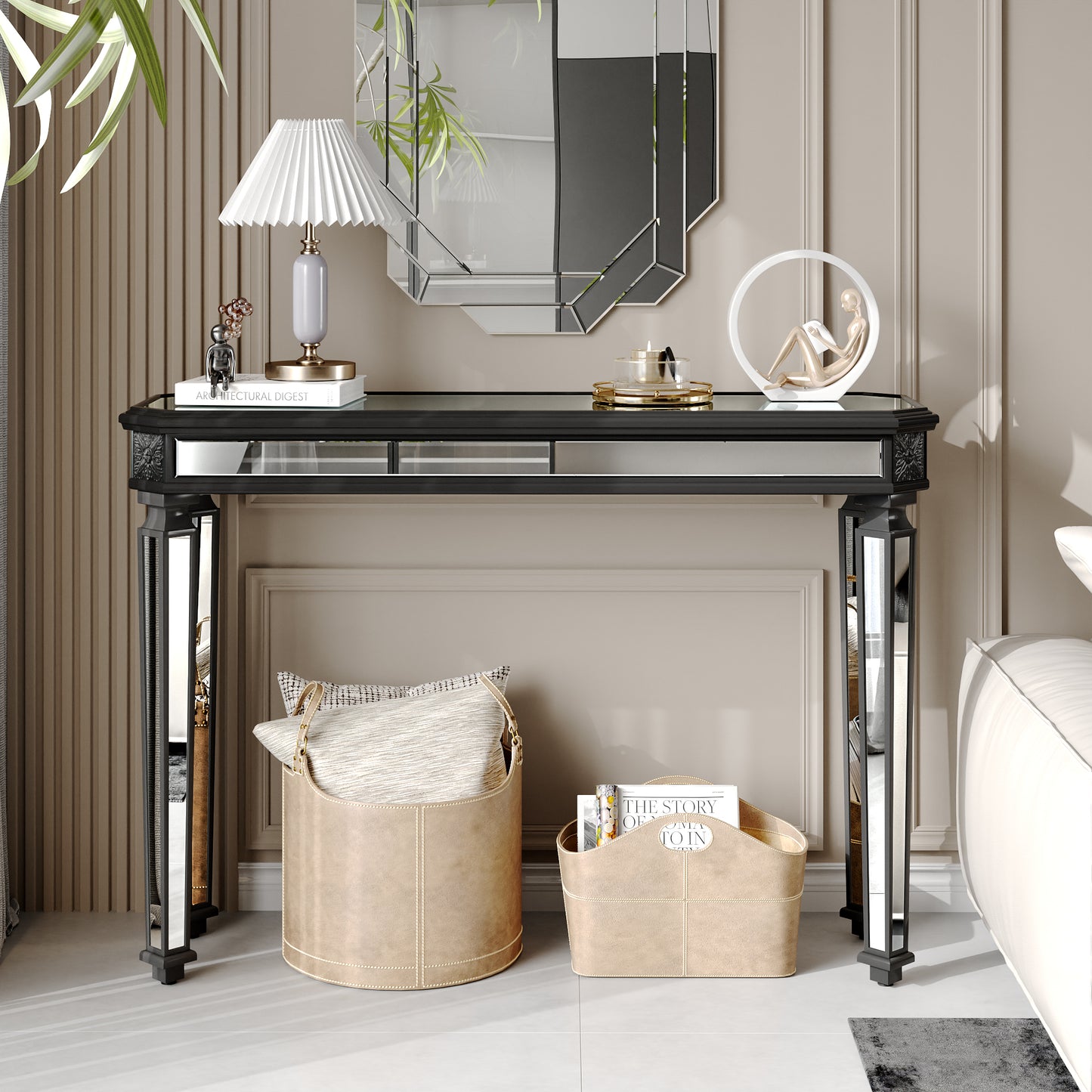 Black Mirror Console Table Vintage Wood Grain Carving Process Gorgeous and Noble for Entryway, Sofa Table,Living Room(48''W x 32.3''H x 18D)