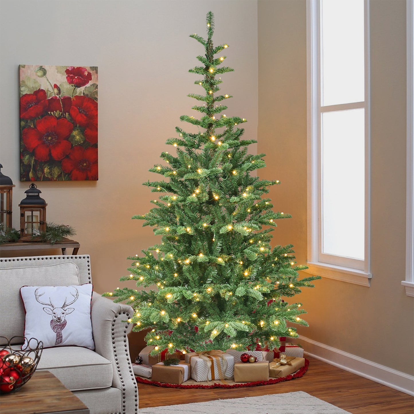 7ft Pre-Lit Christmas Tree with 400 Warm White LED Lights, 941 PE+PVC Tips, Realistic Layered Look, Unique Wooden Base – Full Artificial Holiday Tree for Home Decor