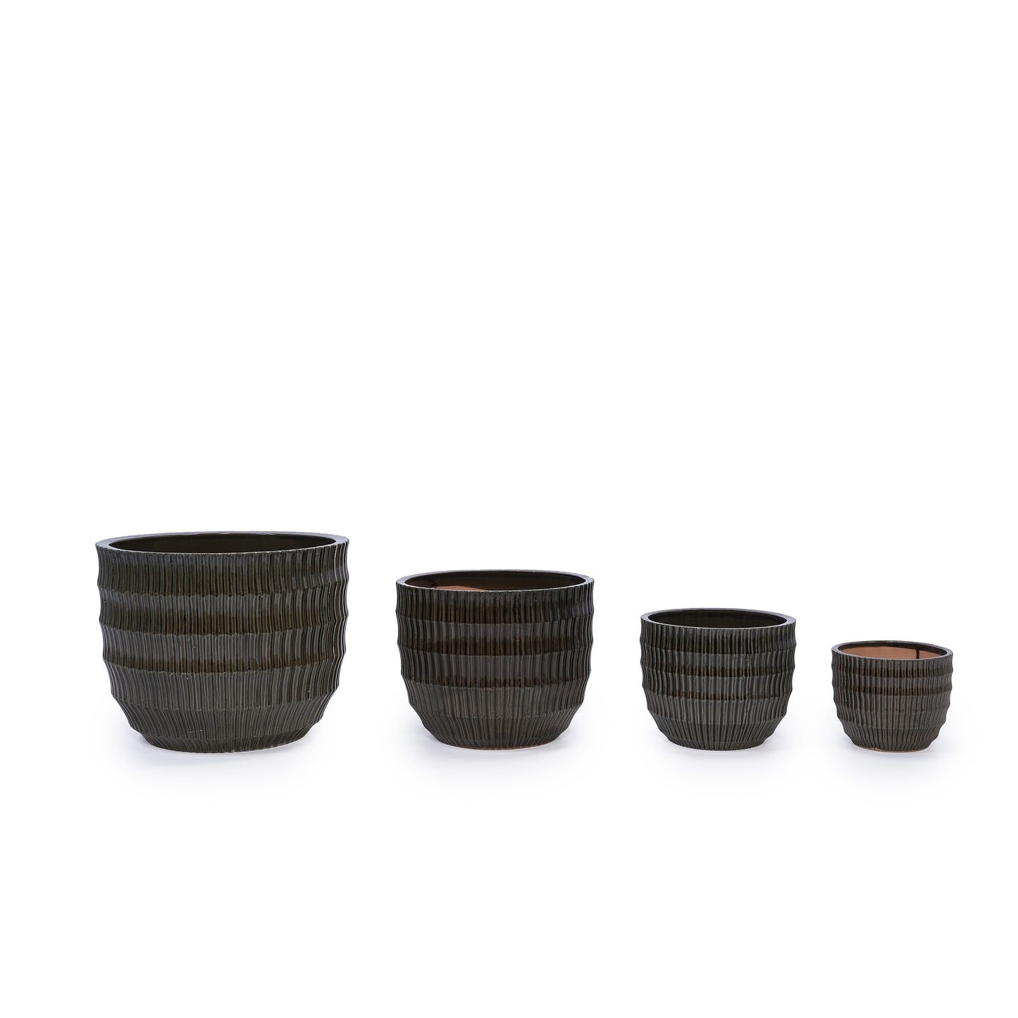Set of 4 Fluted Ceramic Flowerpot, Modern Planter for Patio, Garden, Windowsill - Dark Coffee