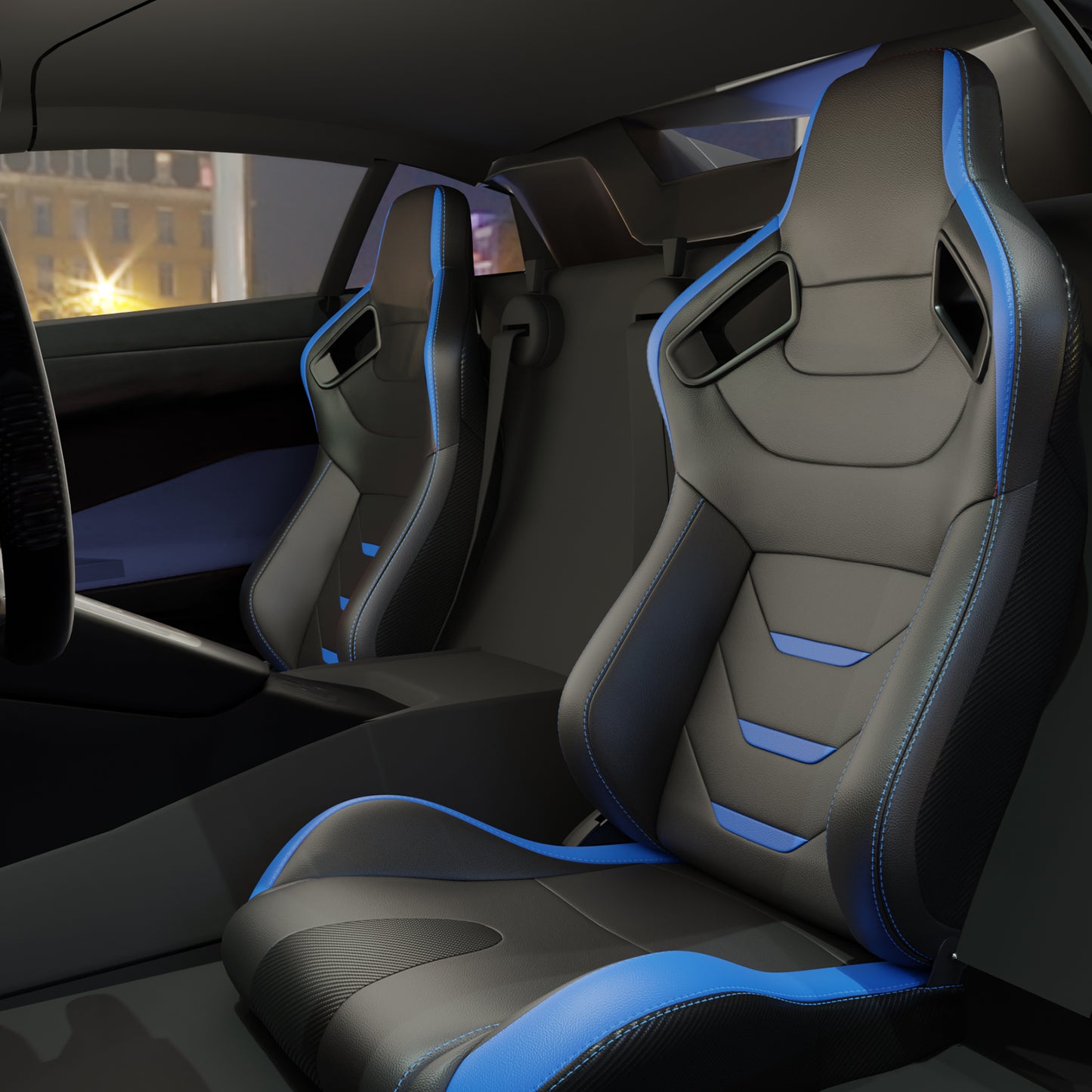 2PC Universal Bucket Racing Seats Blue Stitch Blue PVC Leather Reclinable Carbon Look Leather Back With Adjustor Slider(Not Including Seat Bracket ) 1 box of 2 pieces