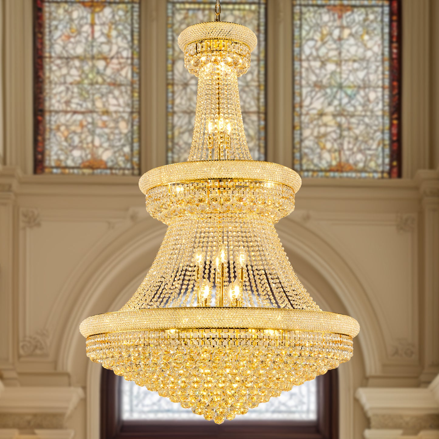 Luxury Gold Crystal Chandelier, 42-Inch 3-Tier Empire Style with 36 E12 Bulbs 480 Spare Hand-Strung K9 Crystals, Adjustable 79-Inch Chain, Perfect for Foyer, Staircase, Double-Height Living Room