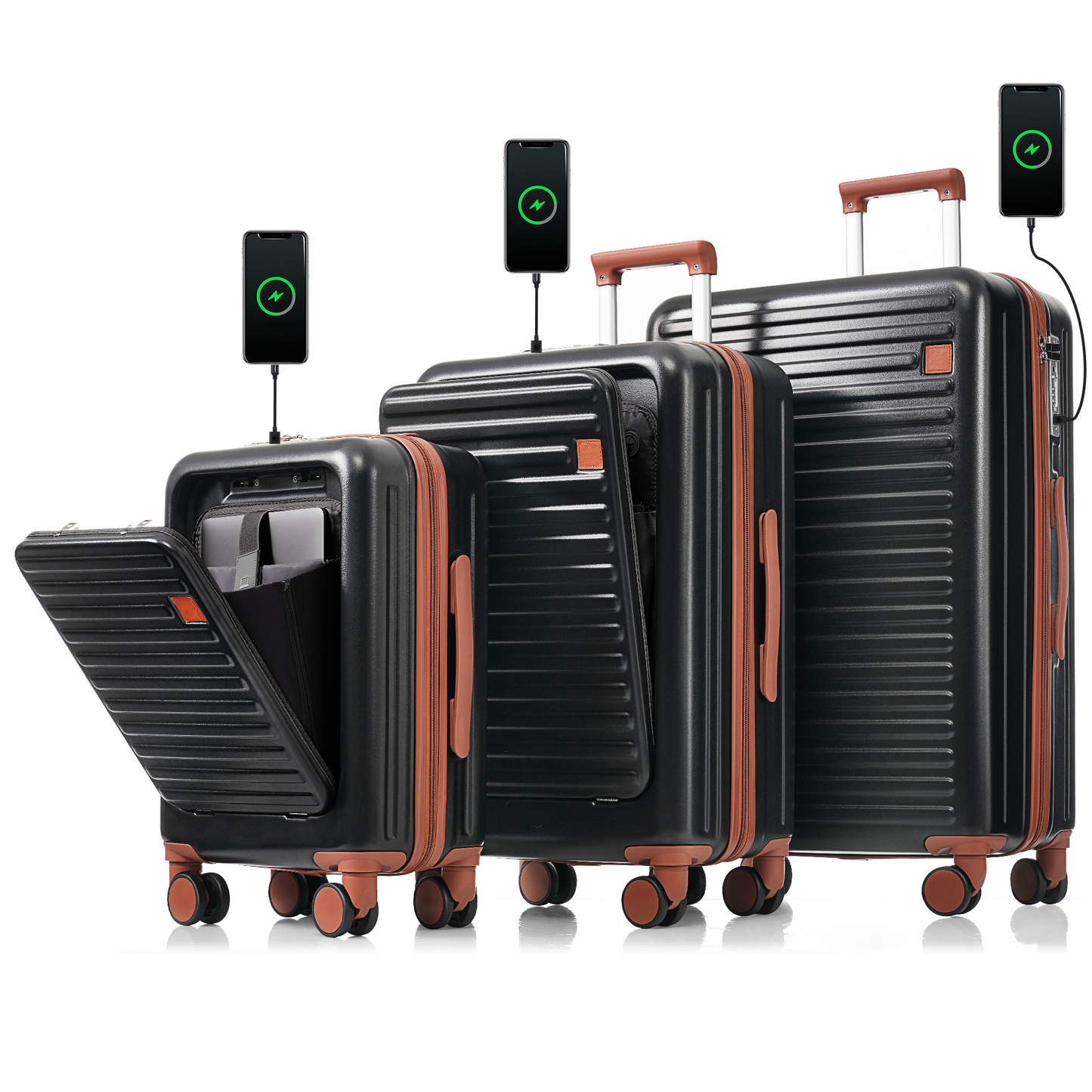 Luggage Set of 3, 20, 24, 28inch with USB Port, 20, 24inch with front opening design Airline Certified Carry on Luggage with Cup Holder, ABS Hard Shell Luggage with Spinner Wheels, black and brown