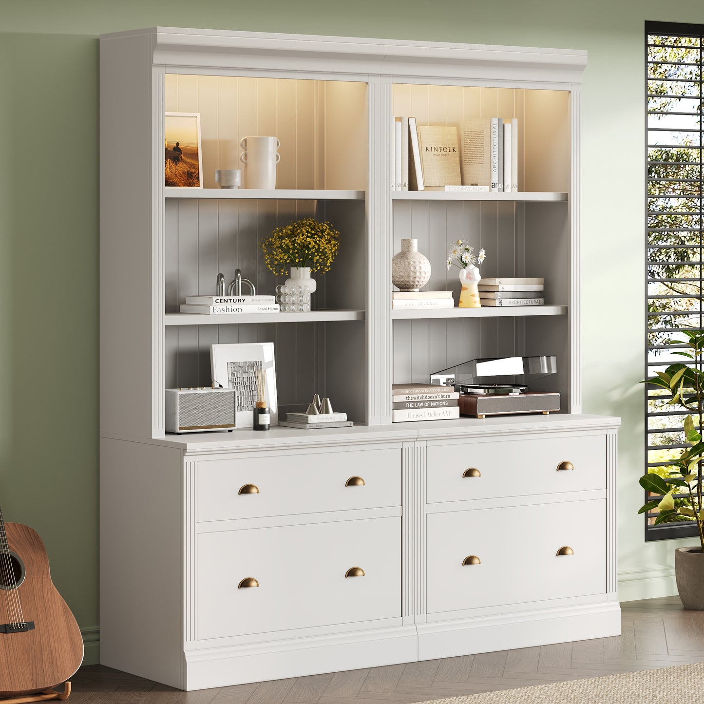 83.4'Tall Bookshelf Suite,Modern Bookcase Suite with LED Lighting, Drawers and Open Shelves,2-Piece Set Storage Bookshelf for Living Room,Home Office,White