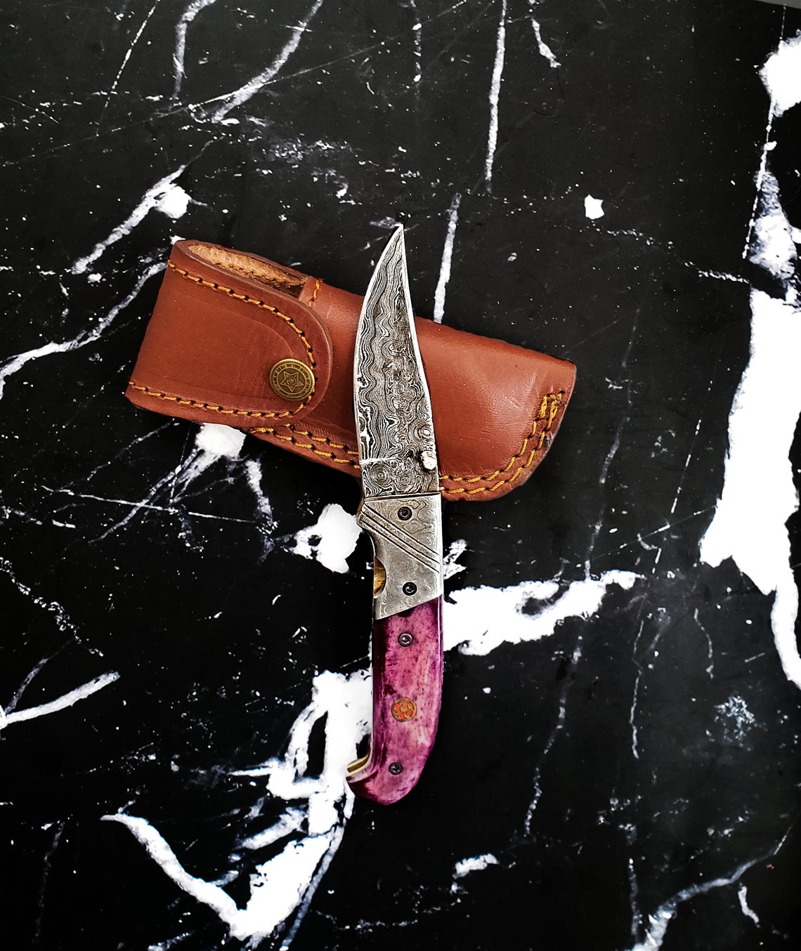 Titan Classico Viola- Raindrop Damascus Folding Blade/ EDC/ Clip Point TF-002