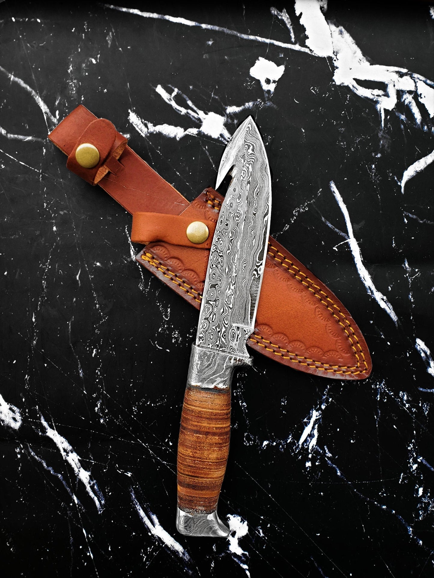 Damascus Steel, Handmade Knife, Hunting Knife With Gut Hook, Stacked Leather Handle Military Style