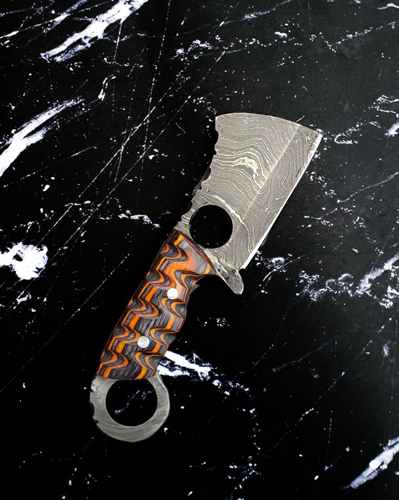 EDC Mini Cleaver/ Handmade Damascus Steel/ Bushcraft Knife/ Tactical Handle With Finger Hole