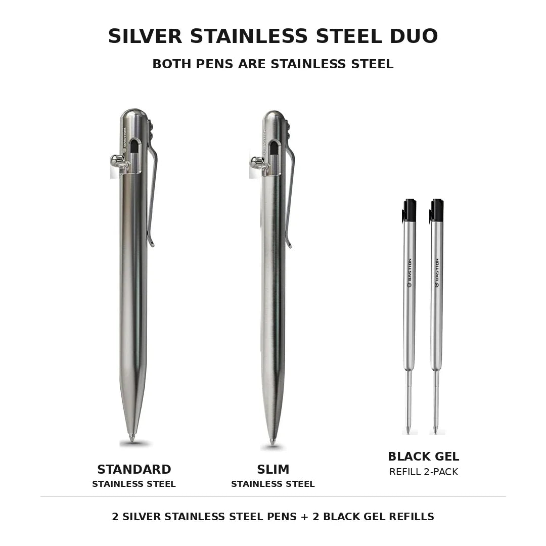 Silver Stainless Steel Duo - Standard + Slim + Black Gel Ink Refill 2-Pack