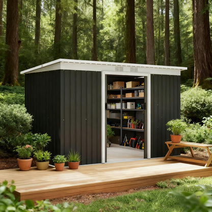 Dark Gray Garden Storage Shed  Outdoor Storage Shed 9' x 4'  Tool House with Double Lockable Doors for Backyard, Patio, Lawn, Garage,