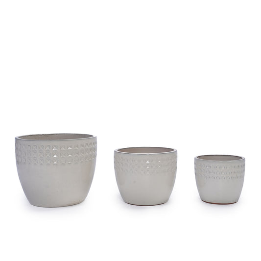 Set of 3 Ceramic Flowerpot, Modern Planter for Patio, Garden, Windowsill - Ancient White